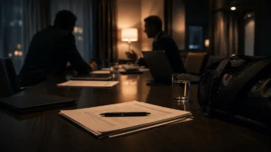Ilustracyjna grafika piłkarska przedstawiająca mała sala konferencyjna hotelu, dokumenty, laptop i dwie anonimowe postacie.