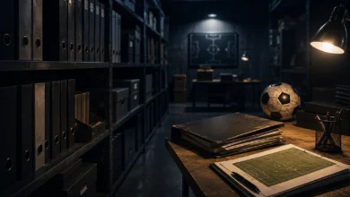 Ilustracyjna grafika piłkarska przedstawiająca szafa z aktami skautingowymi, teczki i piłkarski detal bez tekstu.