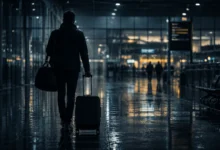 Ilustracyjna grafika piłkarska przedstawiająca lotnisko, walizka, anonimowa postać i atmosfera przyjazdu na rozmowy transferowe.