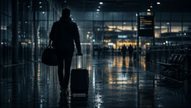 Ilustracyjna grafika piłkarska przedstawiająca lotnisko, walizka, anonimowa postać i atmosfera przyjazdu na rozmowy transferowe.
