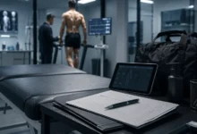 Ilustracyjna grafika piłkarska przedstawiająca sportowa klinika testów medycznych przed transferem, sprzęt i dokumentacja bez tekstu.