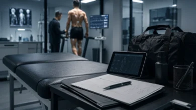 Ilustracyjna grafika piłkarska przedstawiająca sportowa klinika testów medycznych przed transferem, sprzęt i dokumentacja bez tekstu.