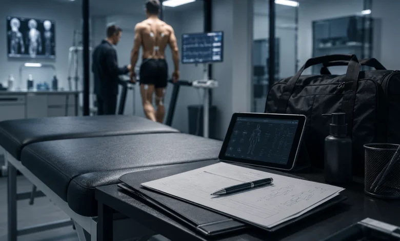Ilustracyjna grafika piłkarska przedstawiająca sportowa klinika testów medycznych przed transferem, sprzęt i dokumentacja bez tekstu.