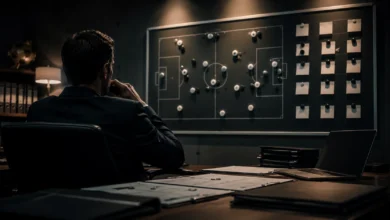 Ilustracyjna grafika piłkarska przedstawiająca gabinet dyrektora sportowego z tablicą kadry bez nazw i neutralnymi dokumentami.