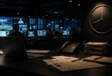 Ilustracyjna grafika piłkarska przedstawiająca nocny newsroom transferowy z laptopem, telefonem i zegarem bez cyfr.