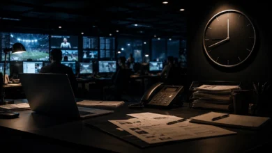 Ilustracyjna grafika piłkarska przedstawiająca nocny newsroom transferowy z laptopem, telefonem i zegarem bez cyfr.
