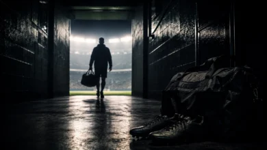 Ilustracyjna grafika piłkarska przedstawiająca tunel stadionowy i anonimowa sylwetka odchodząca w stronę światła, bez identyfikacji klubu.