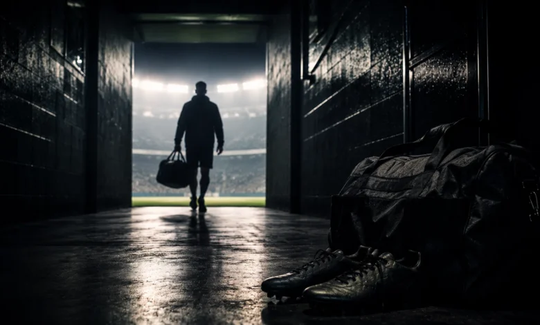 Ilustracyjna grafika piłkarska przedstawiająca tunel stadionowy i anonimowa sylwetka odchodząca w stronę światła, bez identyfikacji klubu.
