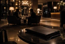 Ilustracyjna grafika piłkarska przedstawiająca dyskretne spotkanie w hotelowym lobby, dokumenty w teczce i anonimowe postacie.