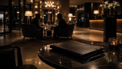 Ilustracyjna grafika piłkarska przedstawiająca dyskretne spotkanie w hotelowym lobby, dokumenty w teczce i anonimowe postacie.