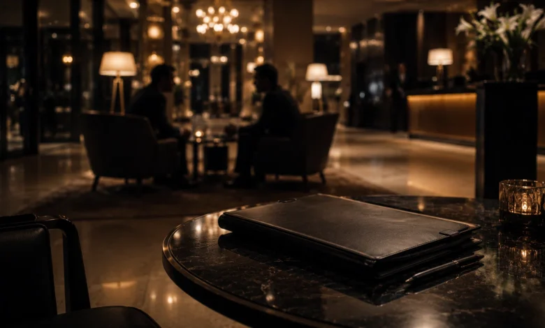 Ilustracyjna grafika piłkarska przedstawiająca dyskretne spotkanie w hotelowym lobby, dokumenty w teczce i anonimowe postacie.