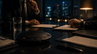 Ilustracyjna grafika piłkarska przedstawiająca telefon głośnomówiący na stole, dokumenty, dłonie i nocne negocjacje.