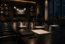 Ilustracyjna grafika piłkarska przedstawiająca pusta sala zarządu po decyzji transferowej, dokumenty i krzesła bez ludzi.