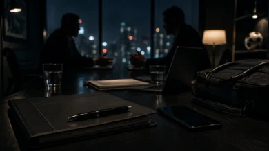 Ilustracyjna grafika piłkarska przedstawiająca zakulisowe rozmowy transferowe w ciemnym biurze, dokumenty i telefon na stole.