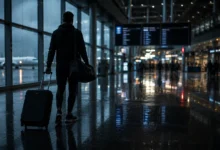 Ilustracyjna grafika piłkarska przedstawiająca lotnisko, walizka, anonimowa postać i atmosfera przyjazdu na rozmowy transferowe.
