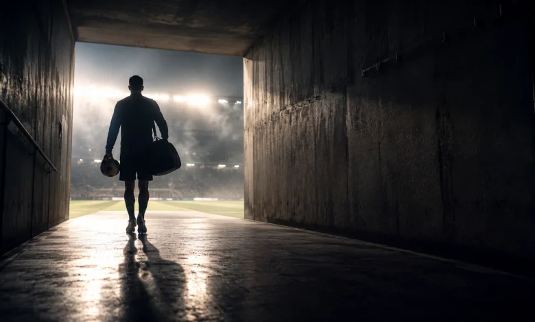 Ilustracyjna grafika piłkarska przedstawiająca tunel stadionowy i anonimowa sylwetka odchodząca w stronę światła, bez identyfikacji klubu.