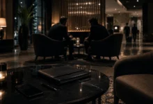 Ilustracyjna grafika piłkarska przedstawiająca dyskretne spotkanie w hotelowym lobby, dokumenty w teczce i anonimowe postacie.