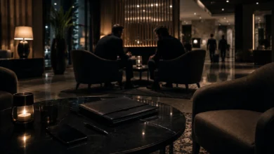 Ilustracyjna grafika piłkarska przedstawiająca dyskretne spotkanie w hotelowym lobby, dokumenty w teczce i anonimowe postacie.