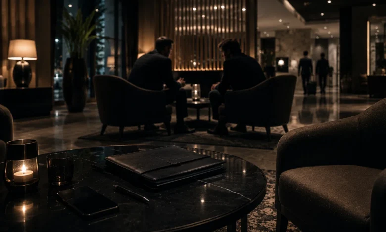 Ilustracyjna grafika piłkarska przedstawiająca dyskretne spotkanie w hotelowym lobby, dokumenty w teczce i anonimowe postacie.