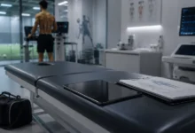 Ilustracyjna grafika piłkarska przedstawiająca sportowa klinika testów medycznych przed transferem, sprzęt i dokumentacja bez tekstu.
