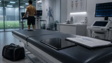 Ilustracyjna grafika piłkarska przedstawiająca sportowa klinika testów medycznych przed transferem, sprzęt i dokumentacja bez tekstu.