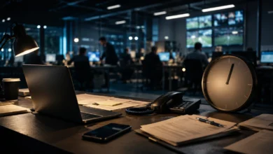 Ilustracyjna grafika piłkarska przedstawiająca nocny newsroom transferowy z laptopem, telefonem i zegarem bez cyfr.