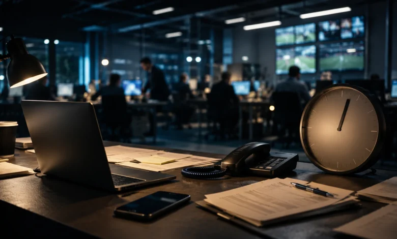 Ilustracyjna grafika piłkarska przedstawiająca nocny newsroom transferowy z laptopem, telefonem i zegarem bez cyfr.